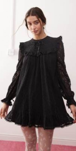 Miss Selfridge - ribbon detail lace smock dress in black Miss Selfridge - ribbon detail lace smock dress in black