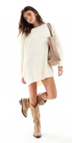 open lace back dress Latte Cable Knit Loose Fit Short Sweater Dress main image 1
