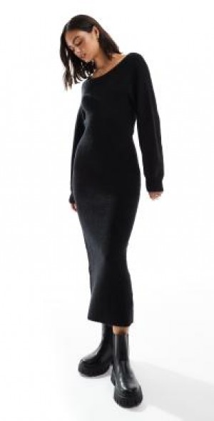 Miss Selfridge - twist back cozy knit maxi dress in black Miss Selfridge - twist back cozy knit maxi dress in black