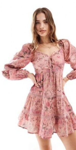 Miss Selfridge - western cotton lace insert tiered mini dress in patchwork floral-Multi Miss Selfridge - western cotton lace insert tiered mini dress in patchwork floral-Multi