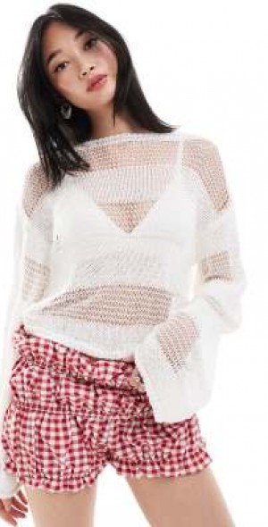 Monki - long sleeve loose knit top with sheer stripes in off white