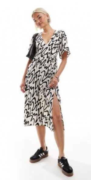 asos midi dress with short sleeves ASOS Structured Short Sleeve V Neck Seamed Midi Dress in Blue