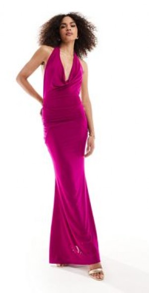 chinese dress ladies Lucena Navy Cowl-Neck Wrap Maxi Dress With Floral Drape – Club L London main image 0