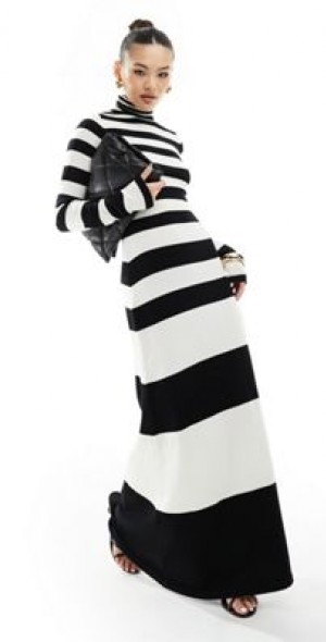 NA-KD - fine knit high neck maxi dress in black and white stripe