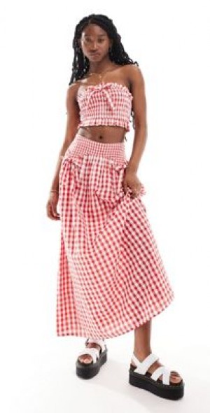 Neon Rose bow detail gingham midaxi skirt in red part of a set