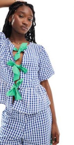 Neon Rose - gingham and bow detail smock blouse in blue and green - part of  a set