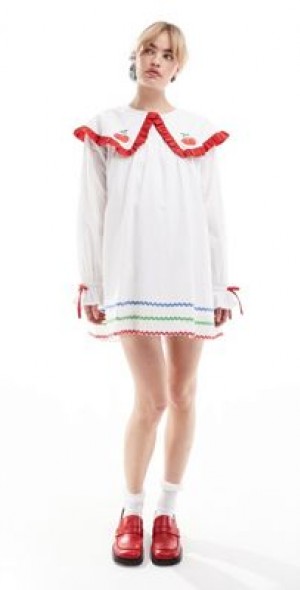 Neon Rose - oversized collar embroidered mini smock dress in white