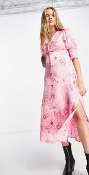 Neon Rose ruched bust midi tea dress in pink red celestial satin