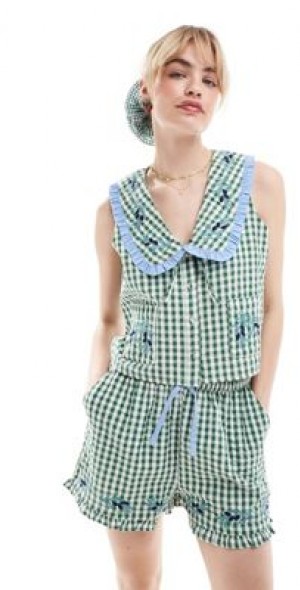 Neon Rose - ruffle edge sleeveless gingham blouse in forest green - part of  a set