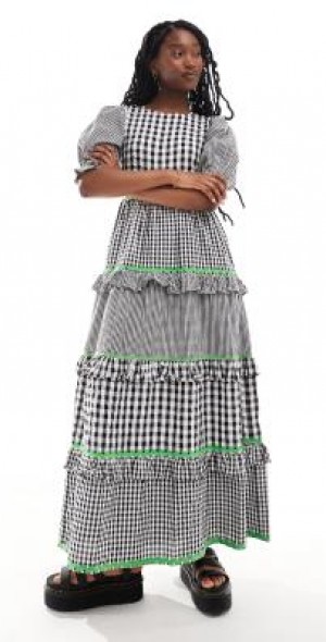 Neon Rose tiered puff sleeve gingham midi dress in black