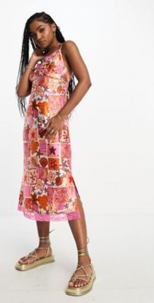 Neon Rose - tropical tile print satin midi dress in multi