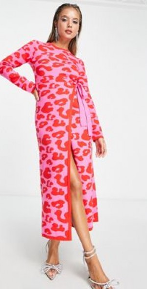 Never Fully Dressed - leopard knit wrap midi dress in pink and red-Multi Never Fully Dressed - leopard knit wrap midi dress in pink and red-Multi
