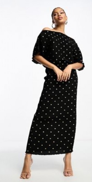 Never Fully Dressed - plisse off shoulder maxi dress in black and gold