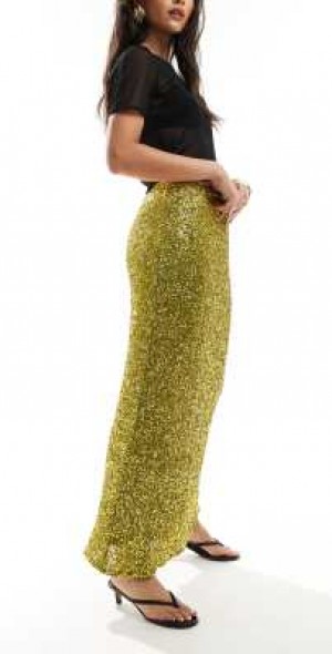 Never Fully Dressed - sequin maxi skirt in olive-Green