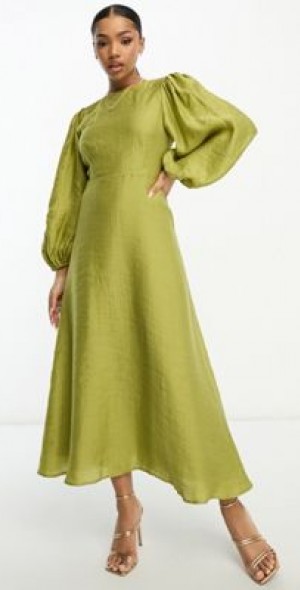 Nobody's Child - Zola balloon sleeve midaxi dress in olive-Green