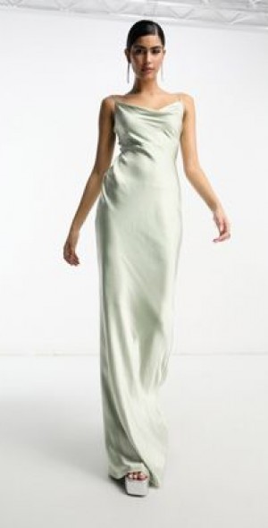 Pretty Lavish - Bridesmaid Keisha cowl neck satin maxi dress in sage green