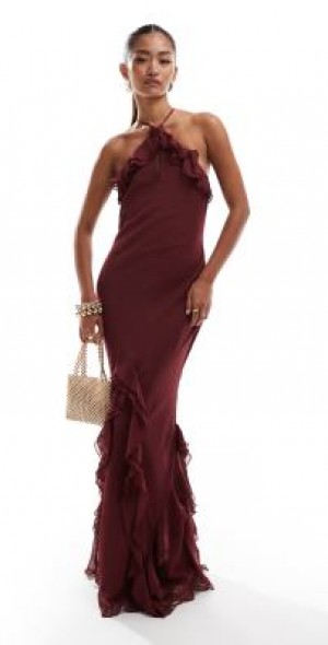 Pretty Lavish - halter ruffle maxi dress in wine-Red