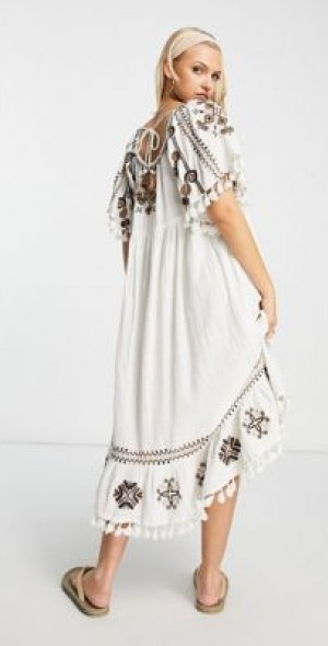 Raga - Fatima embroidered smock dress in cream-White