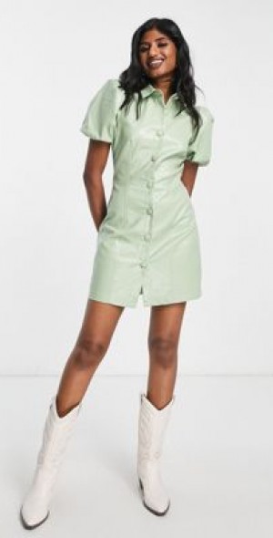 Reclaimed Vintage - inspired leather look mini dress in mint-Green