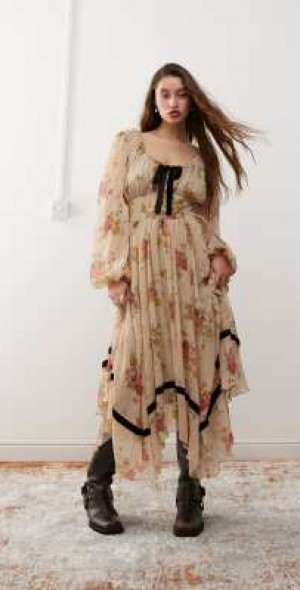 Reclaimed Vintage - long sleeve boho winter maxi dress in floral print-Multi