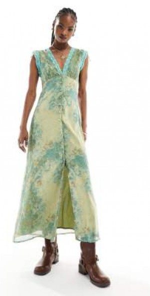 Reclaimed Vintage - midi dress in floral print with lace in green