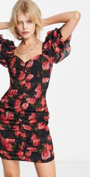 Vintage Ruched Lantern Sleeve Mini Dress
