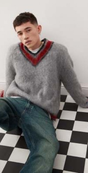 Reclaimed Vintage - v-neck varsity sweater in gray and red