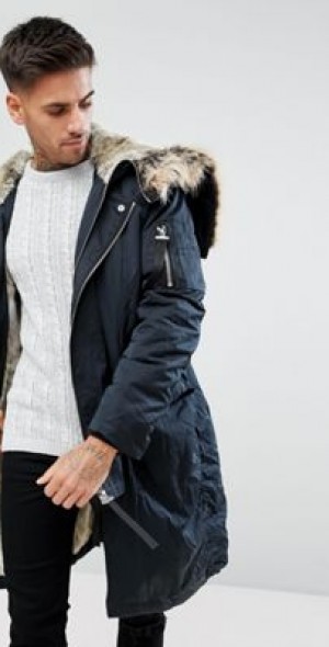 River Island Parka Jacket With Faux Fur Lining In Navy-Blue