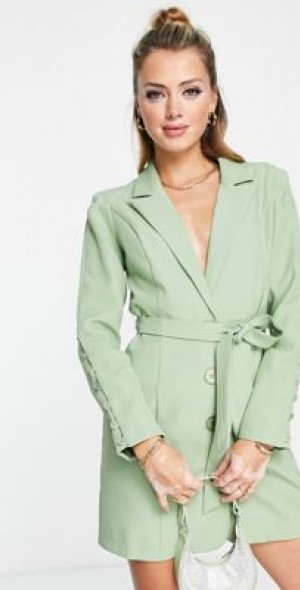 Saint Genies - sculpted shoulder belted blazer dress in olive-Green