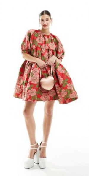 sister jane jacquard mini dress Mini Love Jacquard Dress Gold & Red / S