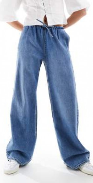 Stradivarius STR wide leg elastic tie waist jeans in blue