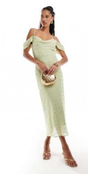 Style Cheat - cowl neck cami maxi dress with gold flecks in sage-Green