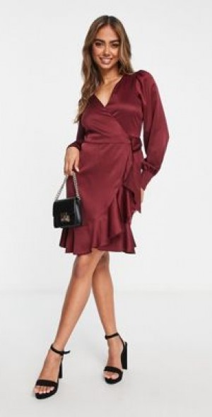 Style Cheat - satin wrap mini dress in plum-Purple