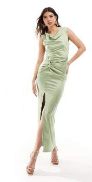 sage green satin cowl neck dress Cowl Front Satin Bridesmaid Dress