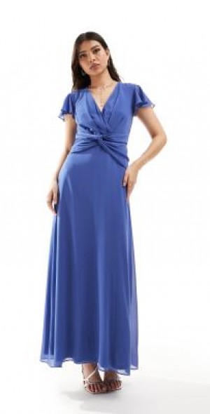 blue dress for baby girl TFNC Plus Bridesmaid Flutter Sleeve Ruffle Detail Maxi Dress Navy/Emer main image 0