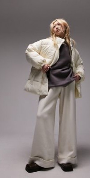 topshop mid length tie waist puffer jacket in mushroom