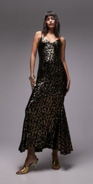 Topshop animal sequin maxi dress in black and gold