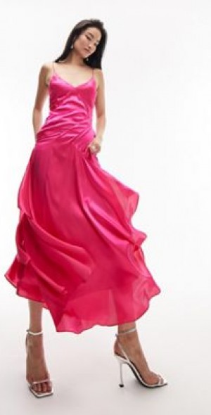 hot pink long dress with slit Hot Pink Sequin V-neck Open Waist Sheath With Slit Prom Dresses, CP089 –  clover sew main image 1