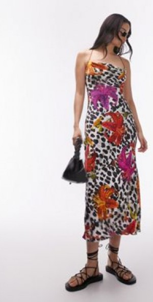 Topshop cami slip midi dress in bold spot and floral print-Multi
