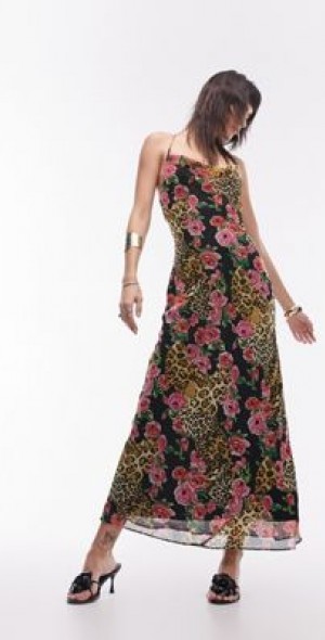 Topshop cami slip midi dress in leopard and rose print-Multi