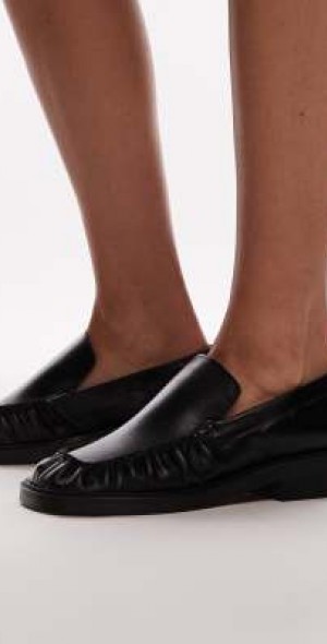 Topshop Clover premium leather loafers with ruched detail in black