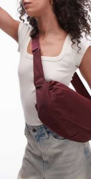 Topshop Con nylon cross body bag in burgundy-Red