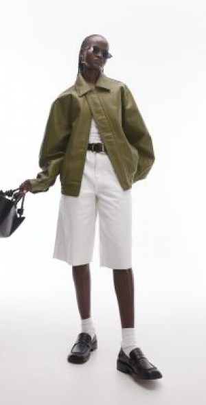 Topshop faux leather bomber jacket in khaki-Green