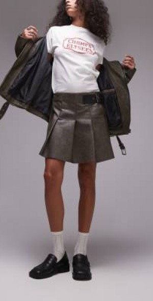 Topshop faux leather pleated low rise mini skirt in washed dark