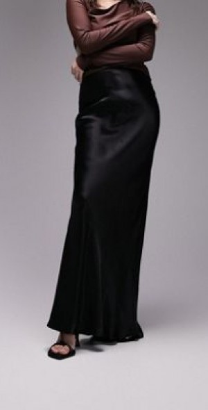 Topshop floor length maxi satin bias cut skirt in black
