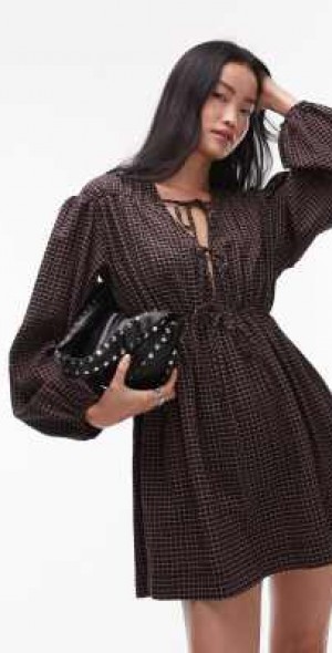 knee length dresses for ladies Checkered Plaid Front Tie Round Neck Mini Dress Large main image 1
