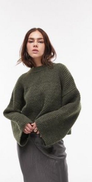 Topshop - knitted mix stitch wide sleeve crew sweater in olive green