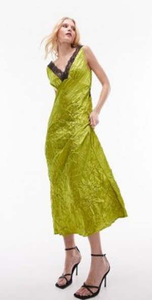 Topshop - lace insert midi slip dress in chartreuse-Green