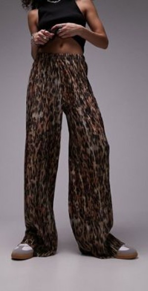Topshop leopard print crinkle plisse straight leg pants in brown