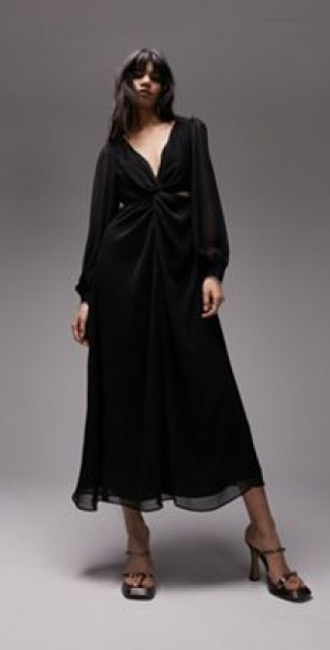 knee length dresses for ladies TA3 Notchy Long Sleeve Midi Dress - Black - XXS main image 0